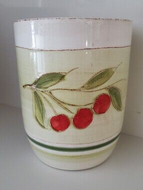 CRATE & BARREL Ceramic Cherry Motif Utensil Holder in Cream & Red Made In ITALY